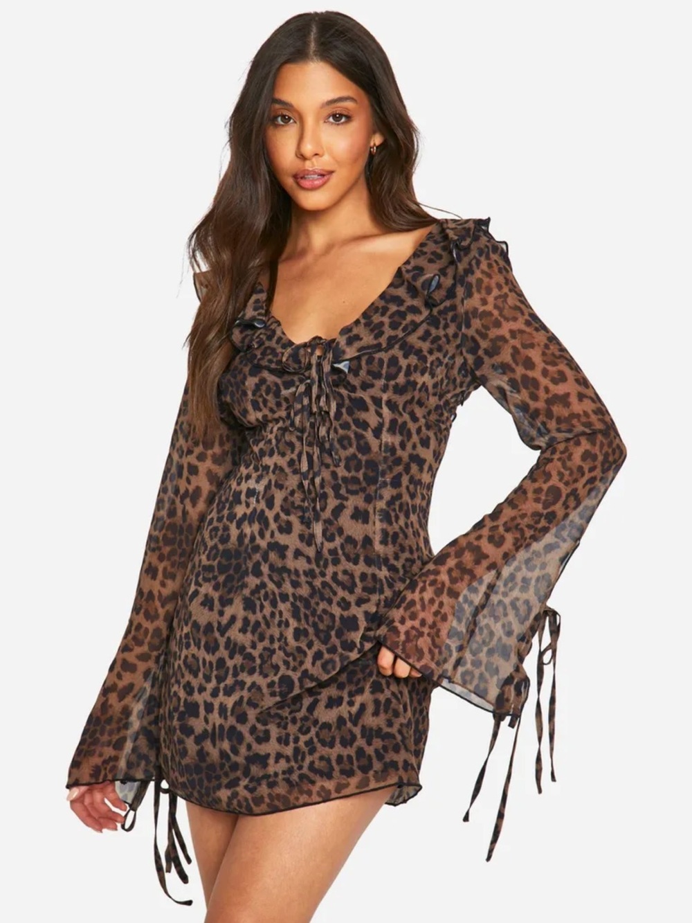 Boohoo Leopard Cheetah Chiffon Ruffle Shift Dress Y2K Animal Print